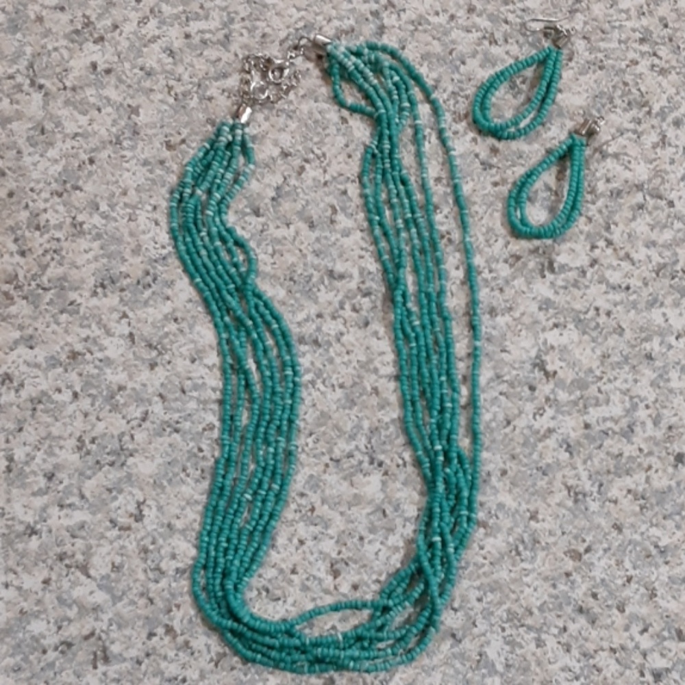 Necklace Earring Tiny Seed Bead Turquoise Color